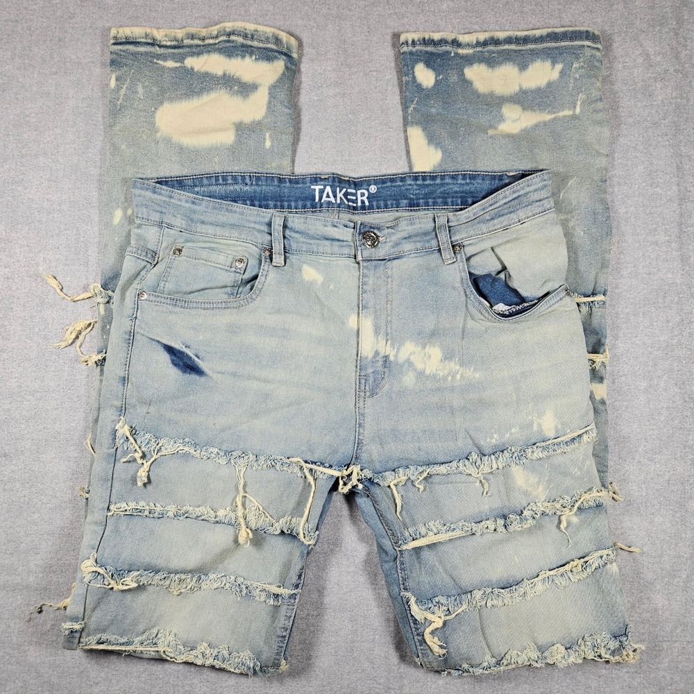 Taker Mens‎ 36 Deconstructed Frayed Tiered Jeans Light Wash Bleach Splatter Slim